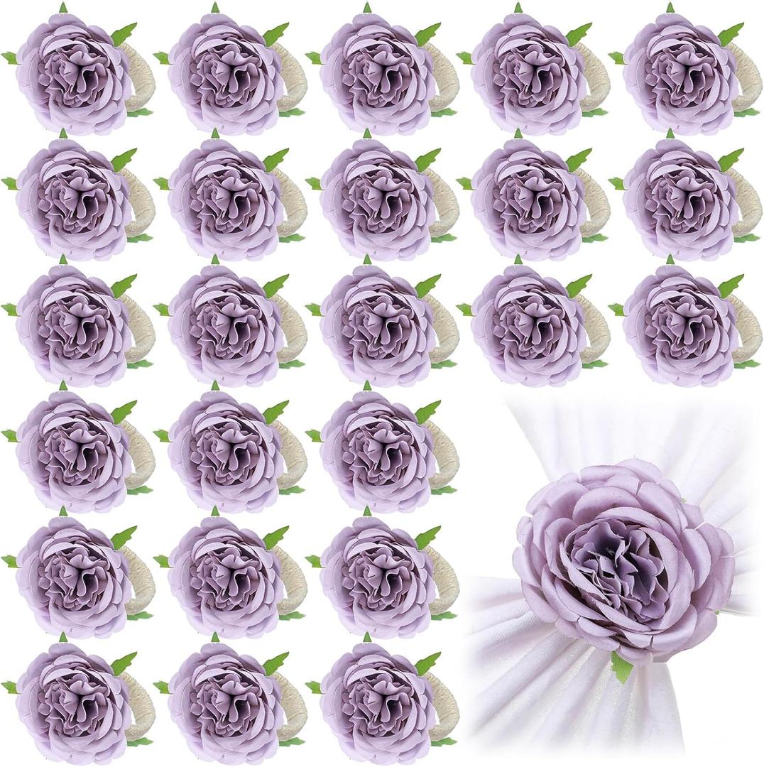 Yunsailing 24 Pcs Flower Napkin Rings Peony Floral Handmade Napkin Holder Rings Handicraft Holder for Table Decorations Wedding Holiday Banquet Luncheons Birthday Party Picnics Supplies(Purple)