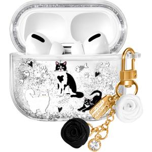 Coralogo for Apple for Airpods Pro 1/2 Case - Women Girls Cute Girly Kawaii for Airpods Pro 2nd Generation Case Cover Glitter Liquid Sparkle Cat Hard Shell Keychain Funda Estuche Forro
