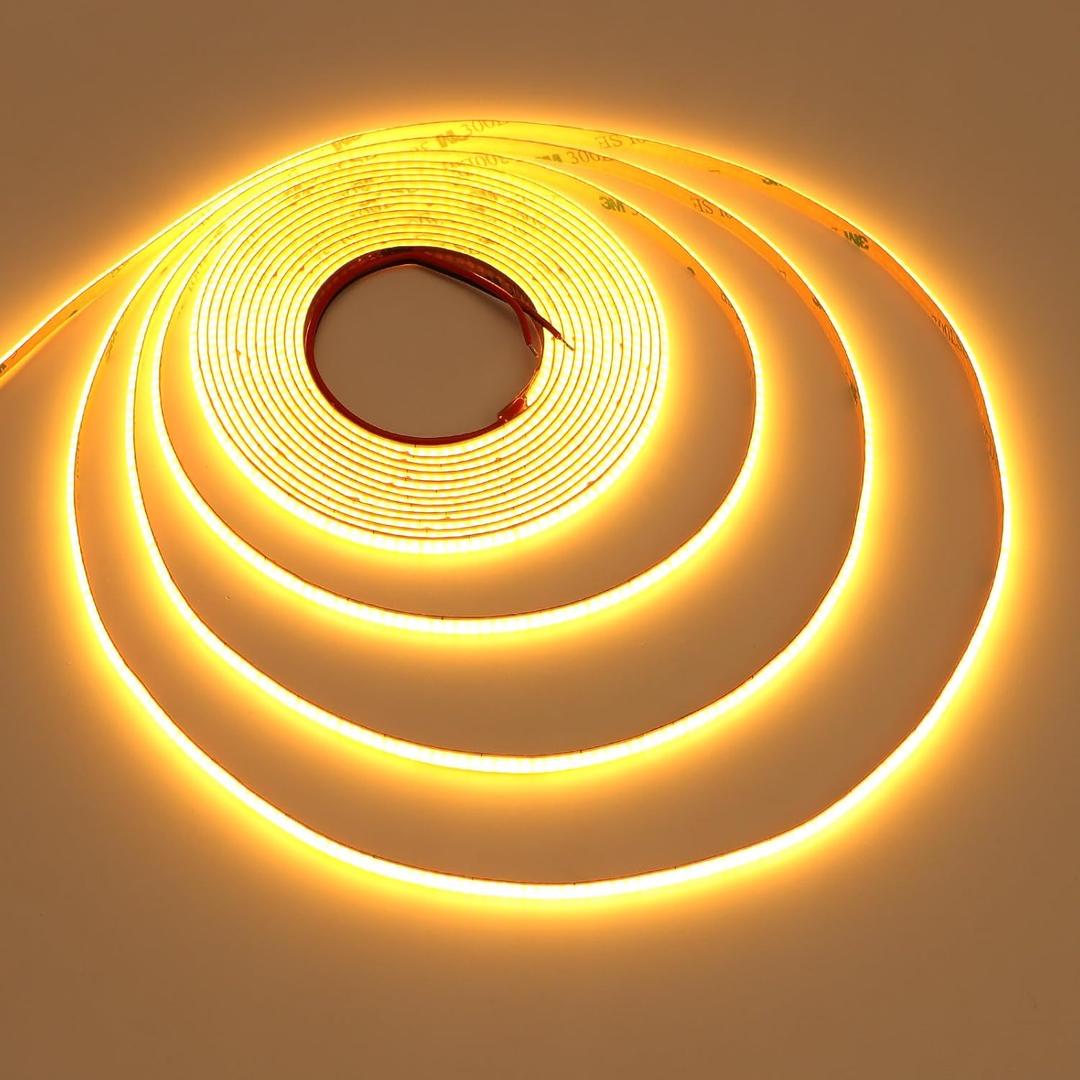 TOPAI 24V Thin 5mm Gold Yellow COB LED Strip 16.4ft Narrow LED Tape Light Dotless 400LEDs/M High Density Cuttable Flexible for Cabinet Home DIY Lighting Projects (Yerrow)