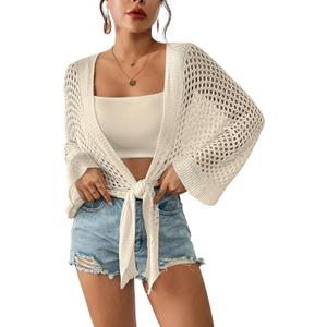 Eddoyee Women Crochet Swimsuit Cover Up Hollow Out Half Sleeve Bathing Suit Coverup Open Front Batwing Top Apricot
