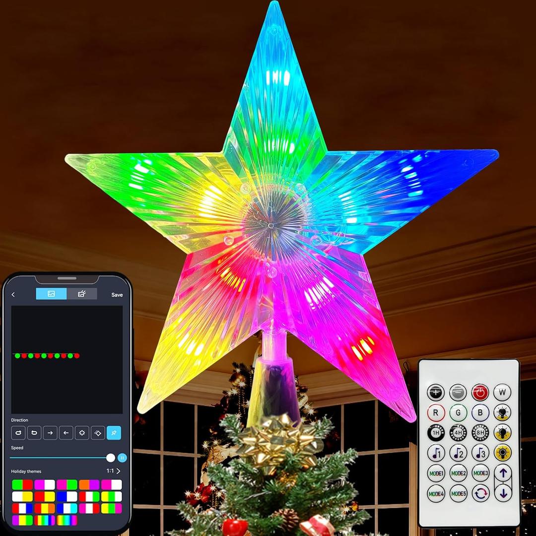 7.6" Christmas Tree Topper Star, RGB LED Lighted Star Tree Top w/Remote Control&APP, Scene Mode, DIY, Dimmable, Timer, Multicolour Lighted Treetop for Xmas Trees Holiday Party Gift Decorations