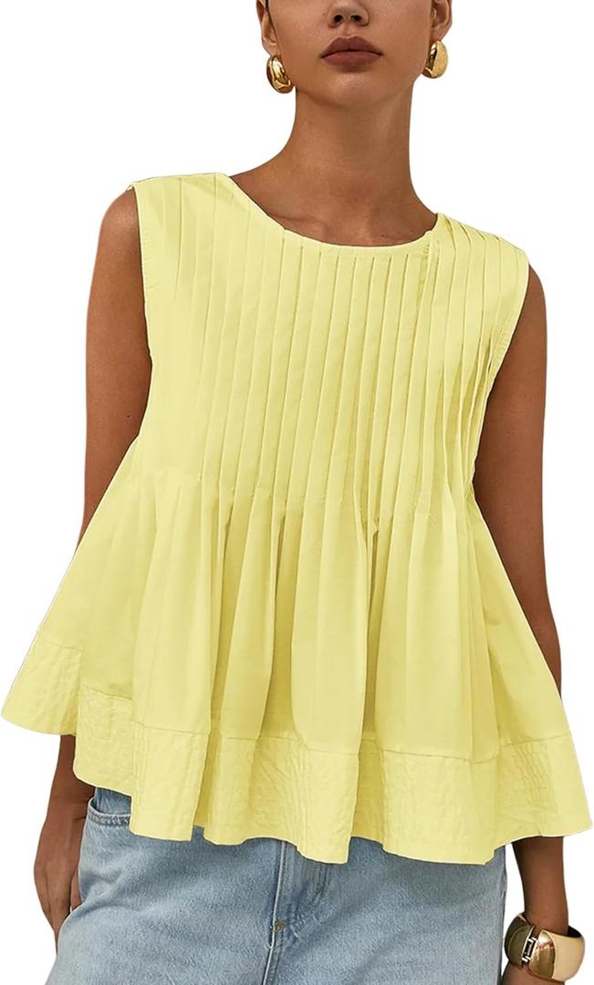 Wyeysyt Womens Pleated Peplum Tops Summer Sleeveless Ruffled Tank Tops Babydoll Blouse Casual Shirred Flowy Shirts (Yellow)
