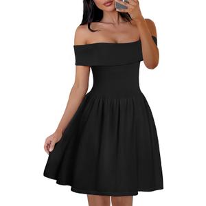 MEROKEETY Women's Summer Off Shoulder Mini Dresses 2025 Ruffle A Line Cocktail Party Knit Dress (Medium)