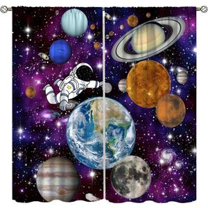 Astronaut Galaxy Curtains,Cartoon Solar System Universe Outer Space Planet Astronaut Earth Windows Treatments Rod Pocket Drapes for Kids Boys Teenage Living Room Bedroom 42x45inchNo Blackout