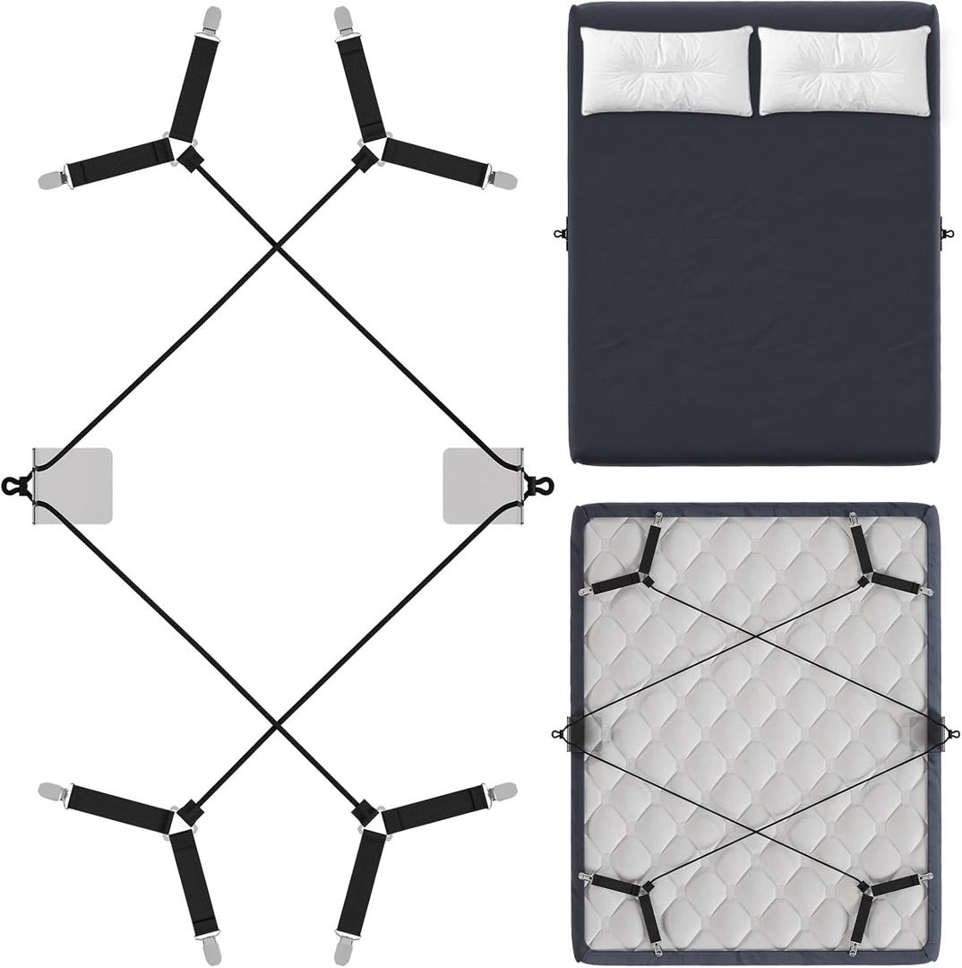 HOUSE AGAIN Bed Sheet Straps, Manually Adjustable Fasteners with Metal Clips, Bed Sheet Holder for Corner Fitted Sheet Tightening, Strength Cord Lock Keep Sheet in Place, Fits All Mattress Sizes