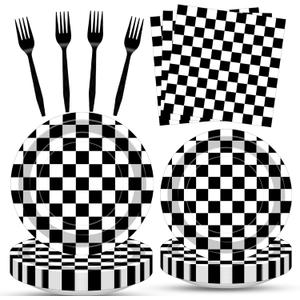 100 Pcs Racing Checkered Party Supplies Set, Serves 25 Disposable Black and White Checkerboard Paper Plates, Napkins, and Forks, Race Car Themed Tableware for Birthday, and Racing Table Decorations