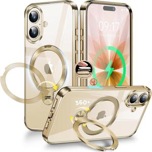 WHWEIYA [CD Metal Ring & Invisible 360 Spin Stand] Magnetic Case for iPhone 17 6.3" [Electroplated Shockproof Bumper ] [Compatible with Mag Safe] Cover with Stand for Women Men Slim Clear - Gold