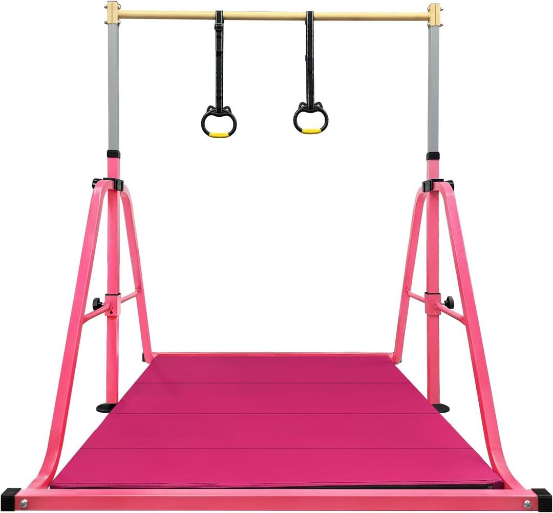 Foldable Gymnastics Kip Bar with Mat and Ring Set,3' to 5' Height Adjustable,Kids Gymnastic Equipment for Ages 3-15,Indoor and Home Training- Max Load 350LBS
