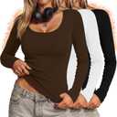 Ficerd 3 Pack Women's Thermal Long Sleeve Shirts Fleece Lined Scoop Neck Stretch Fitted Tops Winter Base Layer Underwear (Large, Black, White, Dark Coffee)