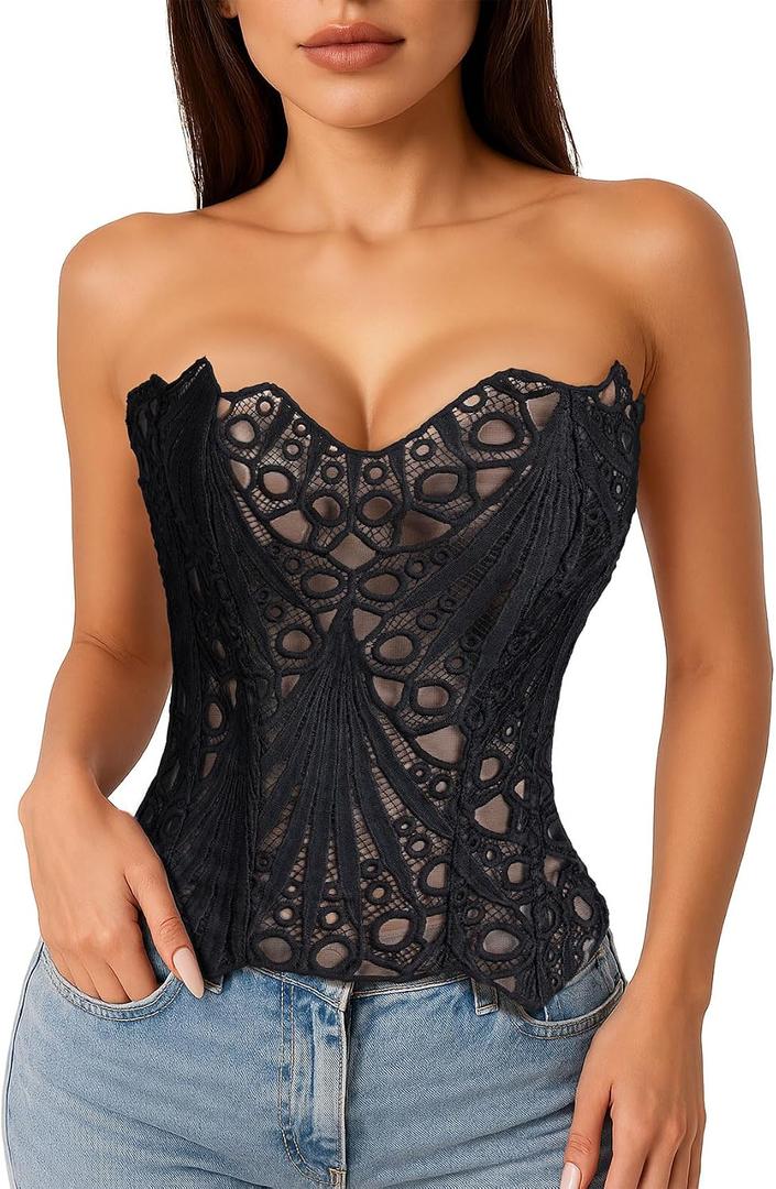 LEACOOLKEY Lacework Corset Top for Women Sexy Textured Sheer Floral Lace Bustier Going Out Lace-up Corset Overbust Top (Black, S)