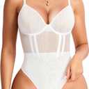 Nebility Shapewear Bodysuits for Women Tummy Control Slimming V Neck Shapewear Bodysuit Thong Body shaper with Underwire (White, Large)