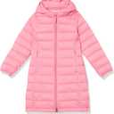 Amazon Essentials Girls and Toddlers' Long Lightweight Hooded Puffer Jacket (3T, Bright Pink)