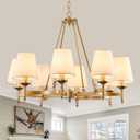 29.9inch 8-Light Gold Chandelier with White Linen Fabric Shade Large Farmhouse Ceiling Light Fixture Industrial Adjustable Hanging Pendant Light for Dining Room Living Room Kitchen Bedroom