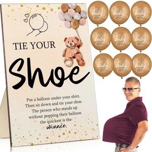 Roowest 51 Pcs Tie Your Shoe Baby Shower Game Sign Wooden Sign Greenery Gift Sets Gender Reveal Party Favors 50 Balloons Latex Balloons for Game Supplies(Brown,Bear)