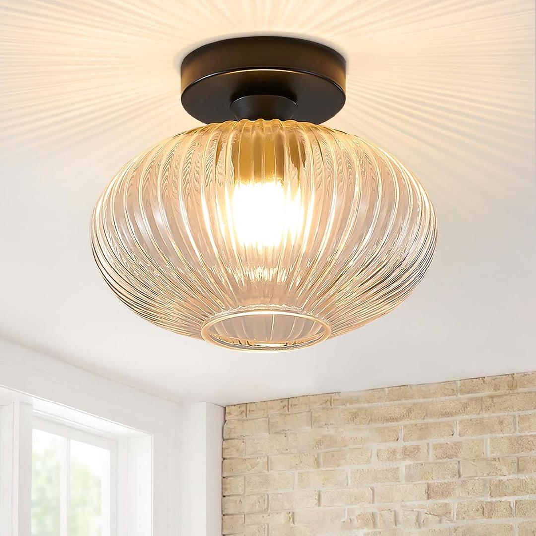 Semi Flush Mount Ceiling Light,Vintage Bathroom Light Fixture,Black Hallway Close to Ceiling Light,Industrial Kitchen Light Fixtures,Farmhouse Ceiling Light for Entryway,Foyer，E26,9 Inch Glass Shade
