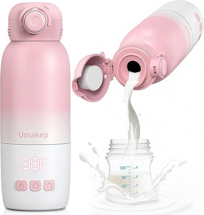Portable Bottle Warmer, Large 12oz Capacity with Dual Heating Modes for Breast Milk & Water, Smart Temperature Control, Long Battery Life, Bottle Warmer for Outdoor, Airplane & Car Travel, Pink