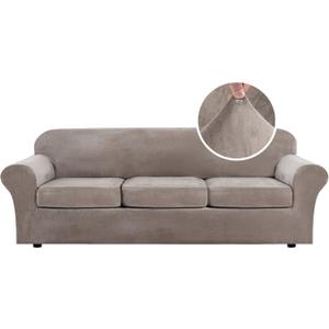 H.VERSAILTEX Velvet 4 Piece High Stretch Sofa Slipcover Cover Furniture Protector Form Fit Luxury Thick Velvet Extra Large Sofa Cover for 3 Cushion Couch Width Up to 97 Inch (XL Sofa, Taupe)