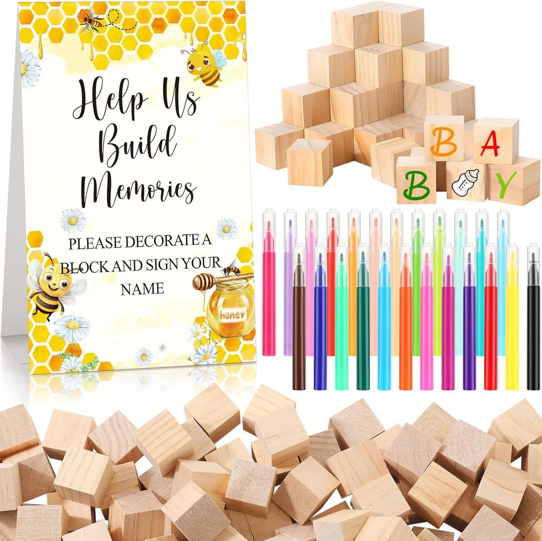 125 Pcs Baby Shower Decorate a Block Game Set Includes Help Us Build Memories Sign 100 DIY Blank Wooden Block 24 Paint Marker Prize for Wedding Baby Shower Game(Bee)