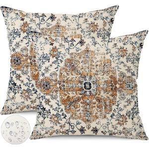 Outdoor Waterproof Pillow Covers - 18x18 Inch Set of 2 Bohemian Vintage Carpet Pattern Pillow Covers with Gold Blue Ethnic Design for Decorative Farmhouse Couch, Garden, Balcony