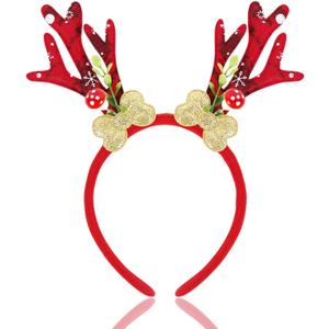 2 x Red Christmas Reindeer Antlers Headband With Bow, Deer Reindeer Antlers Hair Accessories for Women, Christmas Cosplay Costume Party