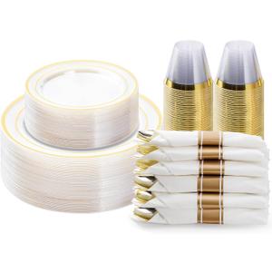 BESTVIP 175PCS Clear Gold Plastic Dinnerware Set, Disposable Party Plates for 25 Guests, Include: 50 Plastic Plates, 25 Pre Rolled Napkins with Silverware, 25 Cups for Christmas, Halloween