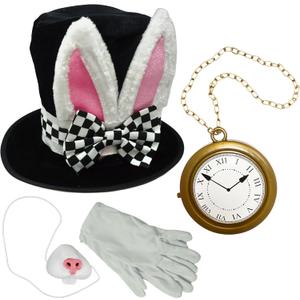 4E's Novelty 4Pcs Set Costume Accessory Set for White Rabbit Costume for Adult Women Men, Halloween Costume, Tea Party Dress Up