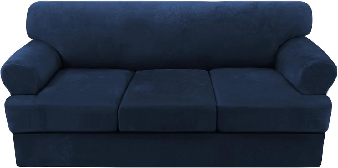 H.VERSAILTEX Sofa Slipcovers - Thick Velvet Couch Covers for 3 Cushion Couch with 3 Individual T Cushion Covers, Navy