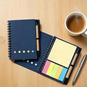 1 Pack Spiral Sticky Notes Notebook with Pen Holder, 4.1"x5.3" Paper Cover Notepad with Colored Index Tabs, Convenient Small Size for Easy Portability, Blue