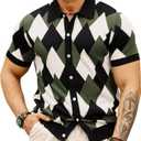 GRACE KARIN Men's Short Sleeve Argyle Cardigan Sweater Slim Fit Polo Shirts Knitwear Green L