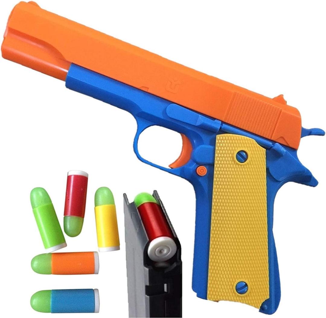 Toy Gun with 20 Soft Bullets and 2 Ejecting Magazines. Actual Size of Colt 1911 with Slide Action Orange Barrel for Training or Play