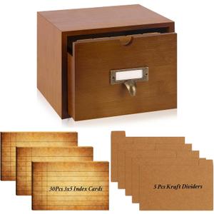 DLUGOPIS 3x5 Index Cards Holder Wood Index Card Organizer Box Flash Card Holder Recipe Cards Holder with Drawer 30 Pcs Vintage Library Cards 5 Kraft Dividers For Gifts Cards Home Office