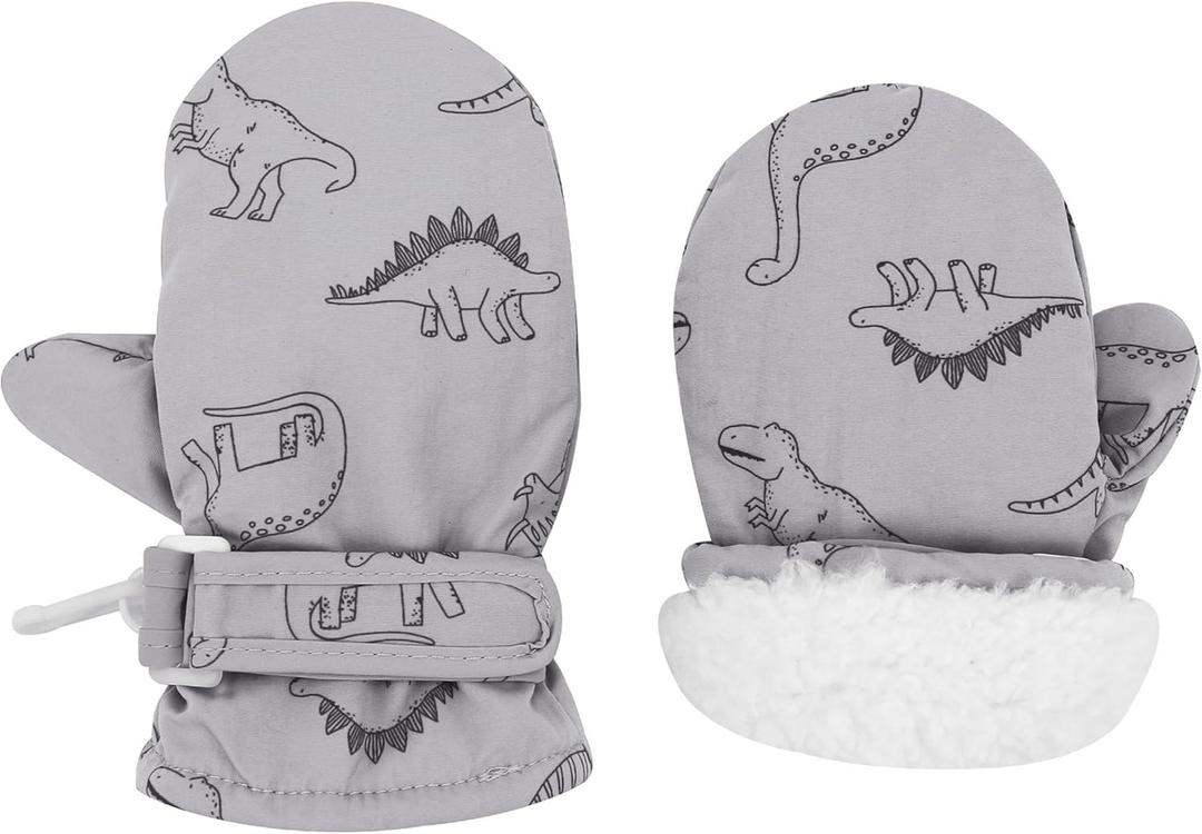 Urban Virgin Infant Baby Toddler Kids Winter Mittens Lined Fleece Warm Waterproof Ski Snow Gloves For Boys Girls (Grey Dino)