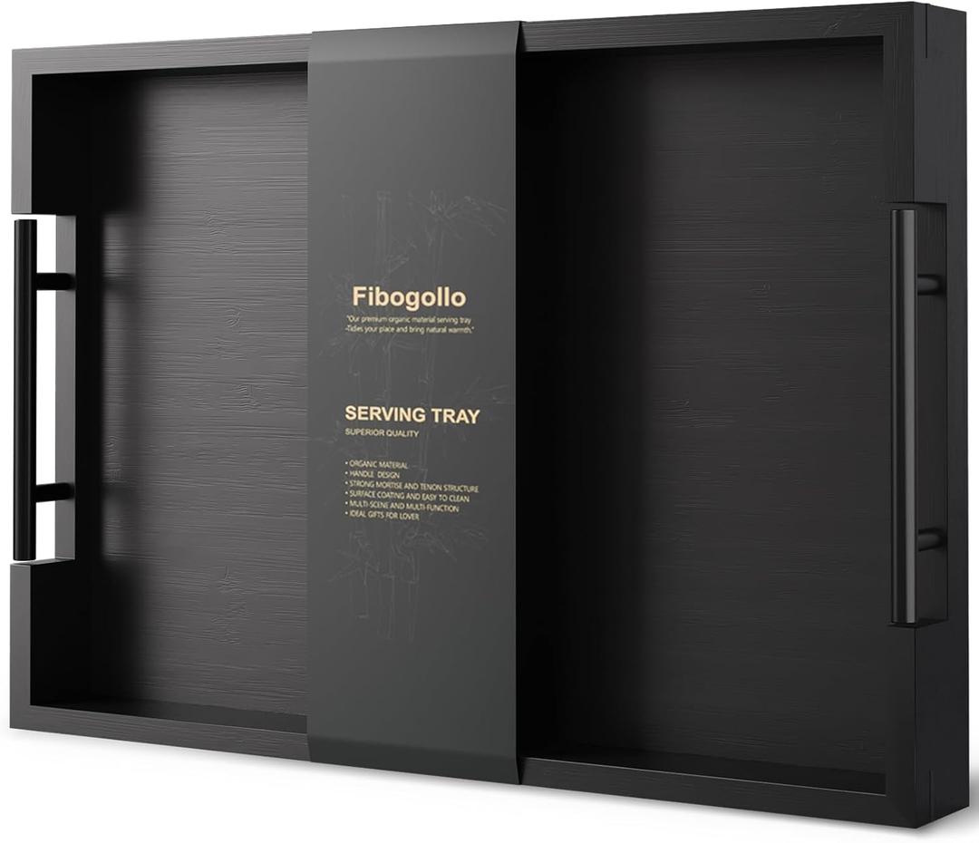 Fibogollo Bamboo Serving Tray with Metal Handles,17x12in Ottoman Decorative Trays Platter for Coffee Table,Living Room,Bar,Party,Large(Black)