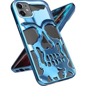 for iPhone 12 Phone Case for Men Women, Cool Skull Skeleton Funny Gothic Hollow Phone case for Apple 12 Cute Hollowed Plated Shockproof Cover for Boys Girls, Sierra Blue