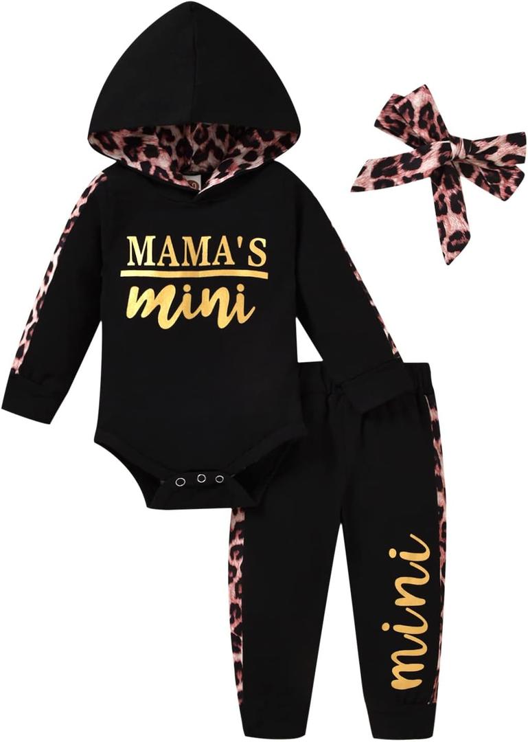 Baby Girl Long Sleeve Infant Hoodie Romper Pants Outfit (12-18 Months, Black)