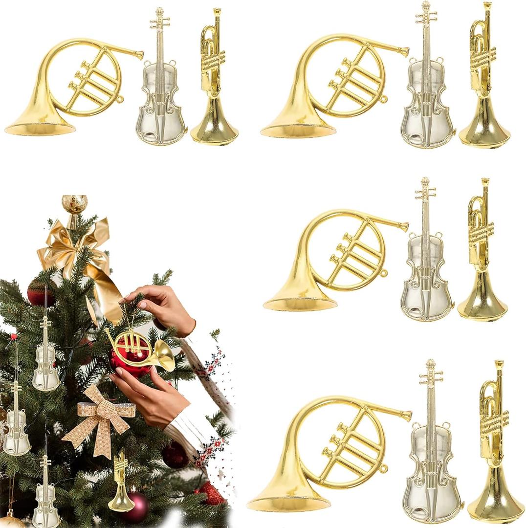 12pcs Musical Instruments Ornaments Christmas Decoration - Gold Tiny Instruments Set - Xmas Tree Hanging Decorations Christmas Crafts DIY Dollhouse Accessories Holiday Decor