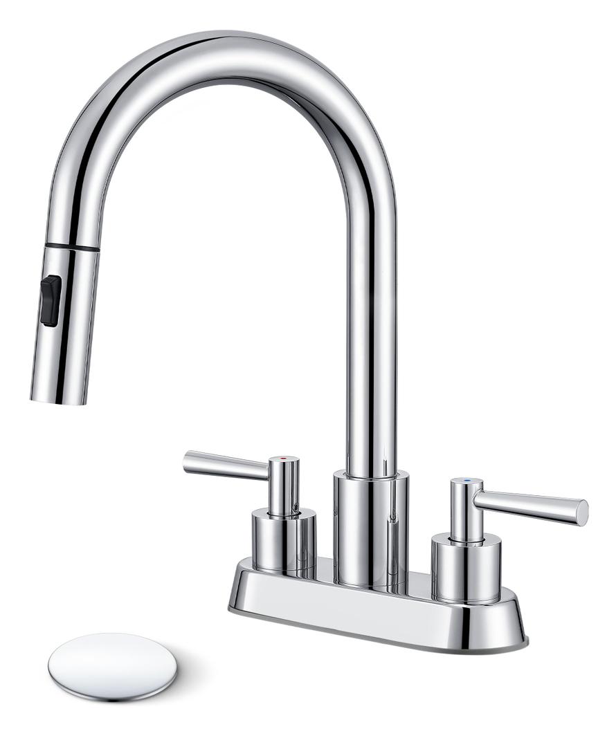 Bathroom Faucet with Pull Out Sprayer, Chrome Bathroom Faucet 3 Holes, 2 Handle Bathroom Sink Faucet with 360 Degree Swivel Spout, Pop Up Drain Assembly Included