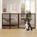 36" H Freestanding Pet Gate, Solid Wood Foldable Dog Gate with Support Feet, Wooden Tall Dog Gate for Doorway, Stairs & Indoor Use, 60" Wide Expandable Pet Fence, 4 Panels, Walnut