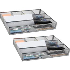 Mind Reader Drawer Organizer, Desk, Utensil Organizer, Office, Kitchen, Metal Mesh, 15" L x 12" W x 2.25" H, Set of 2, SIlver