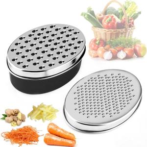 Stainless Steel Cheese Grater with Airtight Storage Container - Box Grater for Kitchen, Shredder for Parmesan, Cheddar, Vegetables, Chocolate, Nutmeg - Includes Lemon for Citrus, Ginger, Butter (1-Black)