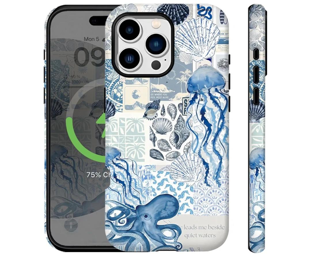 Compatible for iPhone 13 Pro Max Case with Magsafe Beach Ocean Summer Blue Collage Cute Aethetic Seashells Vintage Rugge 2in1 Layer Shockproof Antiscratch Phone Case for iPhone 13 Pro Max Women Men