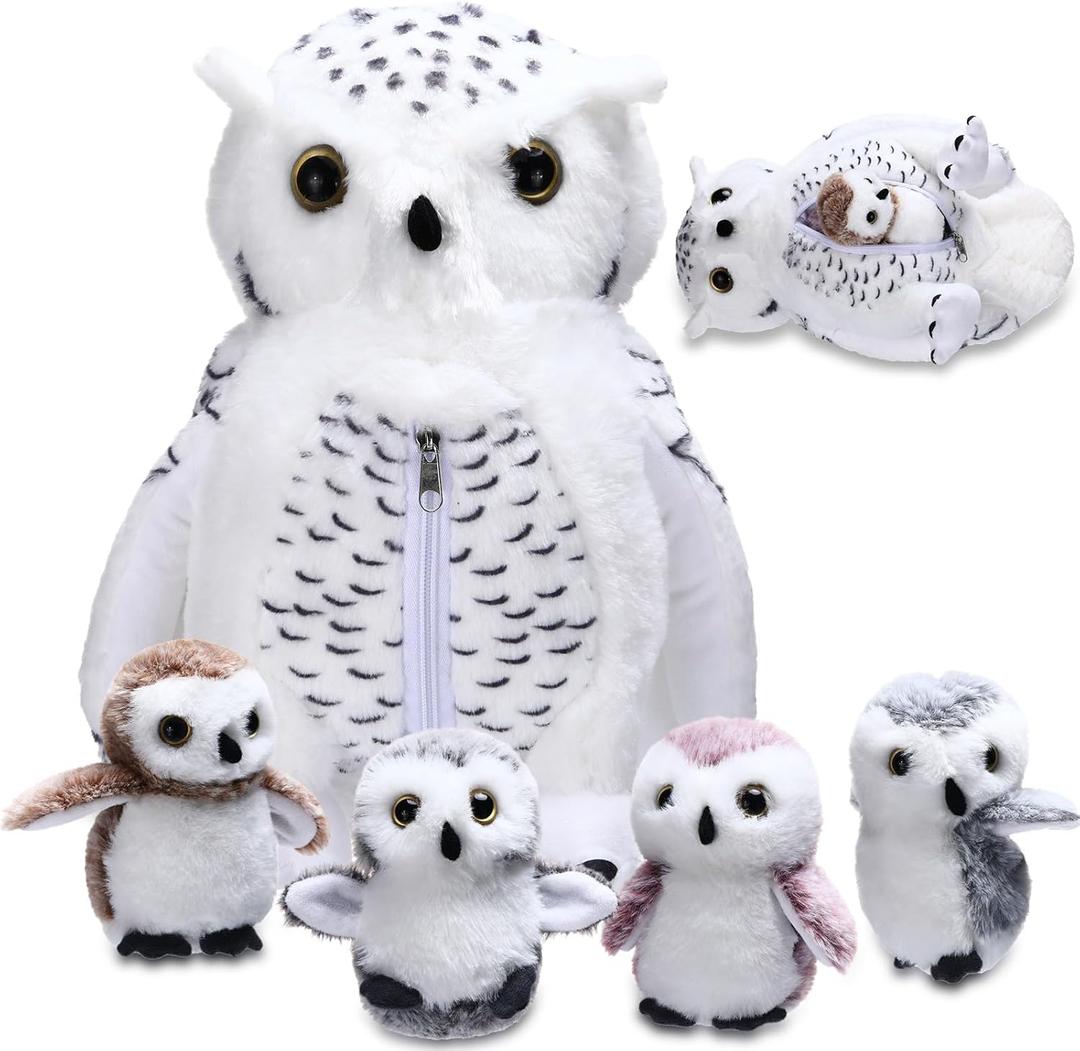 Hollowfly 5 Pcs Owls Plush Toy Gift Set 15.7" Mommy White Owls with 4 Cute Babies Stuffed Animal in Zippered Belly Nurturing Plushies Toy Set for Kid Adults Birthday Birthday Party Favors Gifts