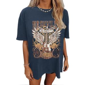 Oversized Rock Band T-Shirt Women Country Music Shirt Tops Nashville Music City Tshirt Vintage Guitar Wings Graphic Tees (Small, Navy Blue)