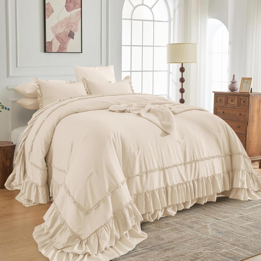 Sanracie Wheat Oversized King Comforter Sets 120" x 120", Cotton Ruffled Bedding Comforter Sets Farmhouse French Country Extra Soft Breathable Bedding Set for All Season