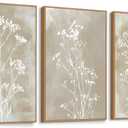 QICIFA Neutral Floral Framed Canvas Wall Art Set of 3, 16"x24" Large Boho Botanical Wall Decor, Minimalist Plant Wall Painting, Rustic Wildflower Artwork for Living Room Bedroom Farmhouse Office