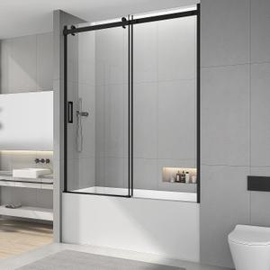 Sunrosa Semi-Frameless Tub Shower Door, 59-2/8"W 60" H Single Sliding Shower Door, Bathtub Shower Door with Tempered Glass 5/16"(8mm), Glass Shower Door for Bathtub in Matte Black