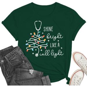 Christmas Shirts for Women Nurse Christmas Tee Shirt Christmas Light Tops Christmas Nurse Vacation Tee (Green, M)