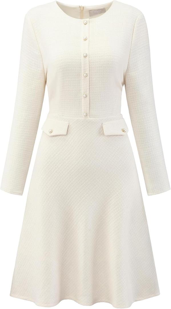 Women's A-Line Tweed Dress Long Sleeve Vintage Work Flare Dresses (Large, White)