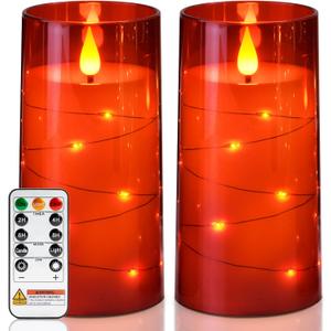 Homemory Flameless Candles with Embedded Star String Fairy Lights, Battery Operated Candles, LED Candle, Fake Candles with Remote Control and Timer, Red, Set of 2(H 6" 6")