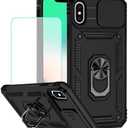 Vokuha Case for iPhone Xs Max Case with Tempered Glass Screen Protector and Slide Camera Cover, 360° Rotate Ring Stand Magnetic Cover for iPhone Xs Max Black